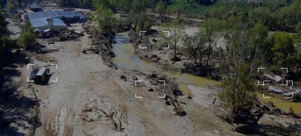 drone aerial footage of disaster area for identification and operations